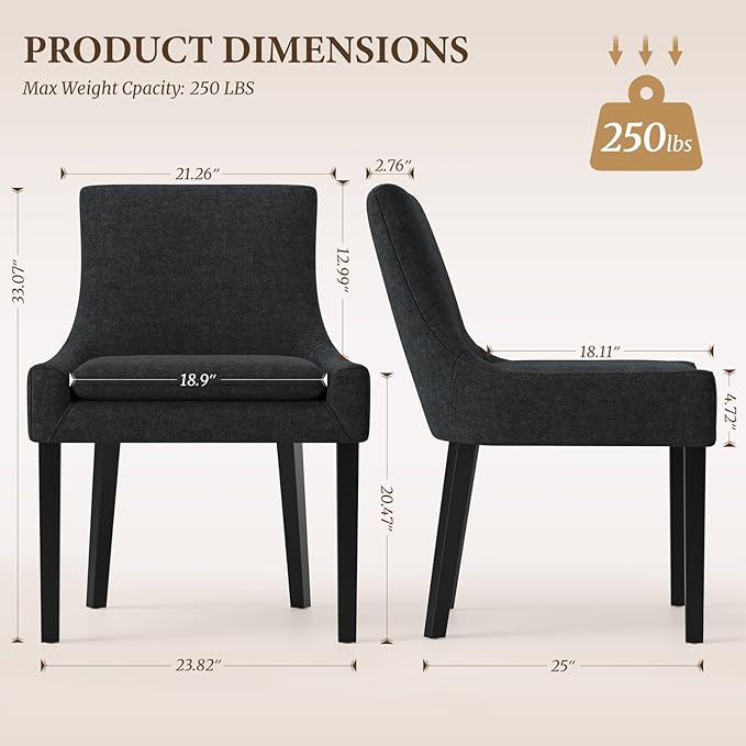 Dining Chairs Set of 2, Upholstered Corduroy Dining Room Chair with Wood Legs, Mid-Back Padded Kitchen Side Chairs for Dining Room, Black