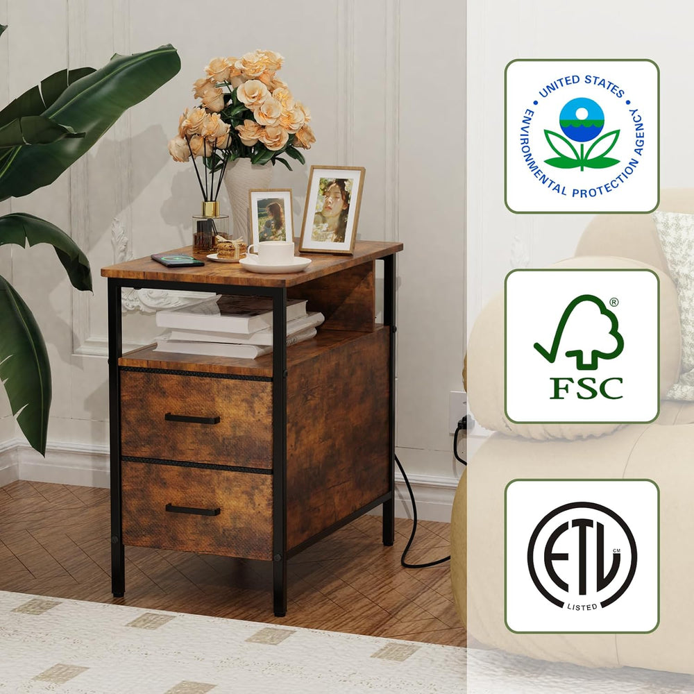 End Table with Charging Station, Narrow Side Table with 2 Fabric Drawers &amp...