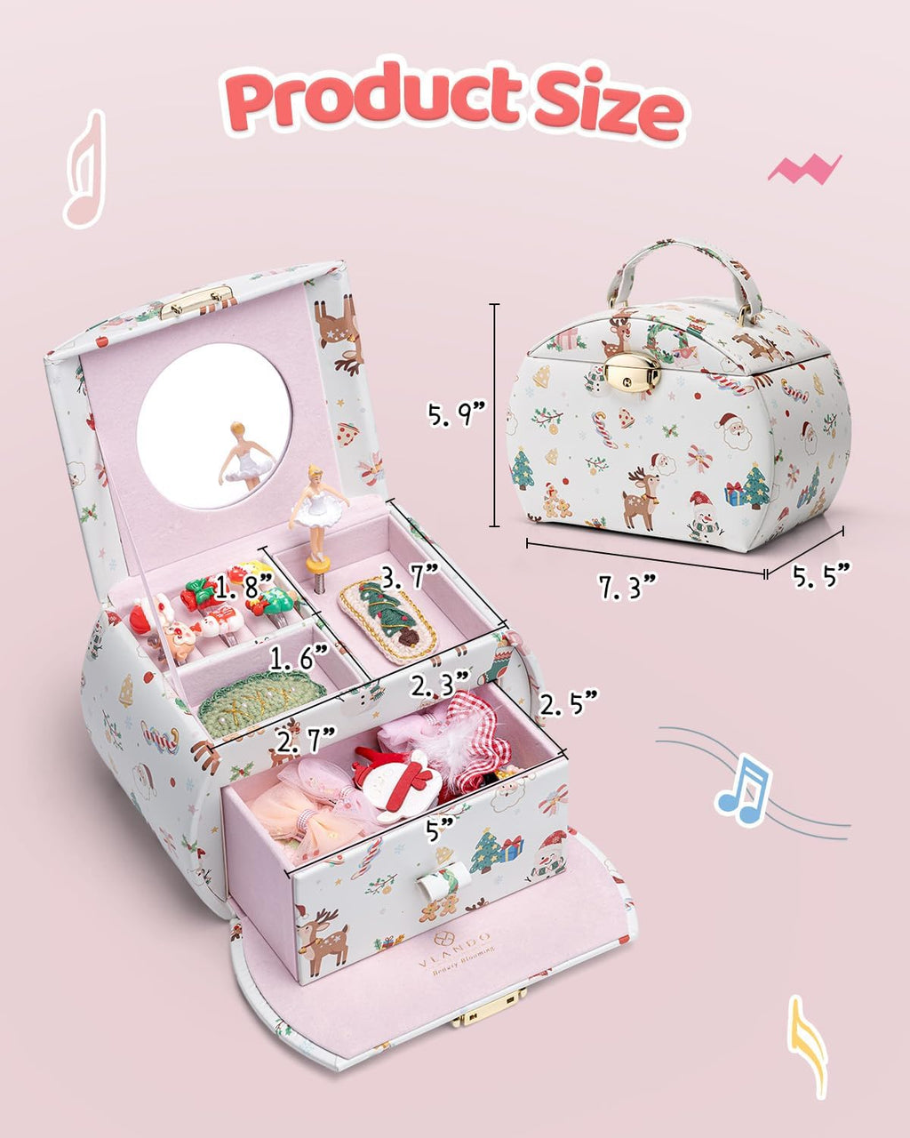 VLANDO 2 Layer Girls Musical Jewelry Box with Ballerina and Large Drawers | Rotating Dancer Plays Canon Melody, Top Dividers Store Rings and Small Treasures, Half-Moon Design, Birthday Christmas Gift