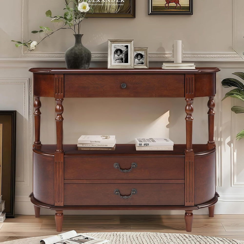 LKTART 43" Half Moon Console Table, Solid Wood Retro Curved Console Tabl...