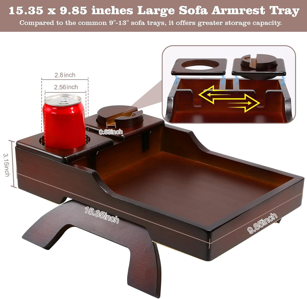 GHKINMAL Couch Cup Holder Tray, 15.4"x9.9" Large 4 in 1 Couch Armrest Table with 360°Rotated Phone Holder, Non-Slip Clip on Side Table for Drinks/Remote/Snacks, Ideal Gift for Husband, Wife, Parents