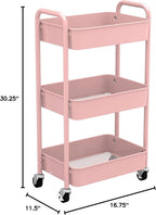 CAXXA 3-Tier Rolling Metal Storage Organizer - Mobile Utility Cart with Caster Wheels, Pink
