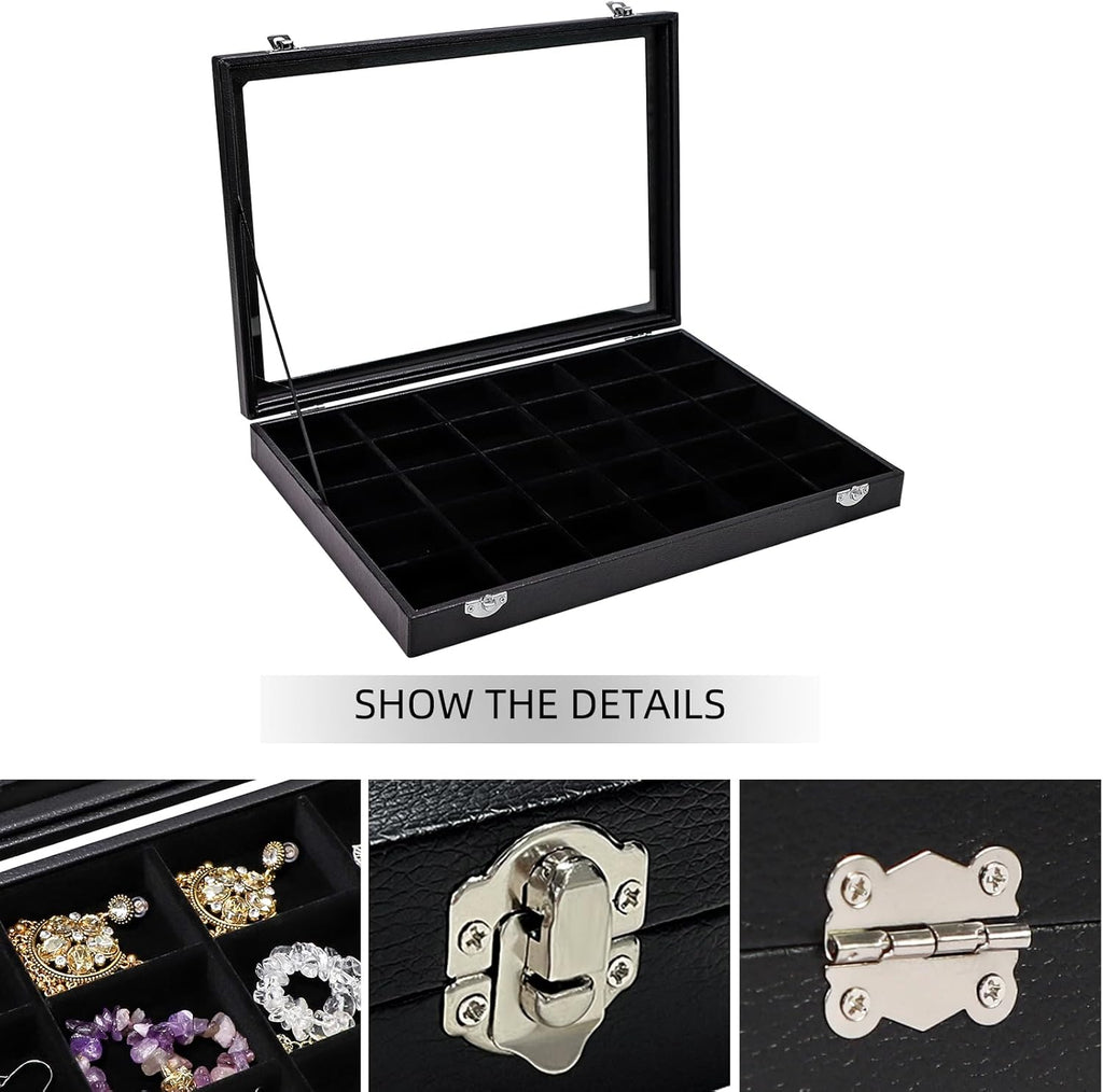 Wudygirl 30 Grid Jewelry Organizer Clear Lid Jewelry Tray Stackable Jewelry Storage Case Display Rings,Earrings,Necklace,Black Velvet (30 Grid)