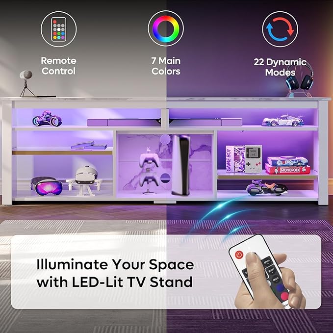 Bestier TV Stand for 75 inch TV, Tall LED Entertainment Center with Adjustable Shelf, Gaming TV Console with Storage for PS5, Modern TV Cabinet for Living Room Bedroom, White Marble