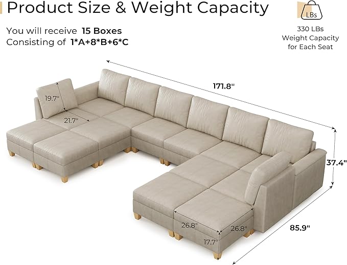 SITJOY 172" Faux Leather Modular Sectional Sofa with Storage, Mid Century Modern Sectional Couches for Living Room, Soft Padded Armrests, Oversized 14 Seat U Shaped Couch with Chaise, Greige