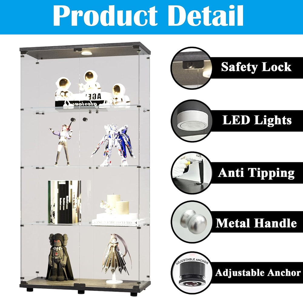 4-Shelf Glass Display Cabinet with LED Lights and Lock,Curio Cabinets Display...