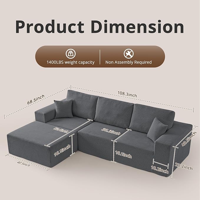 Modular Sectional Couch Modern 108" L Shaped Boneless Cloud Couch with Deep Seat, Sectional Sofa for Living Room Bedroom Apartments Dorms, No Assembly Required, Dark Grey