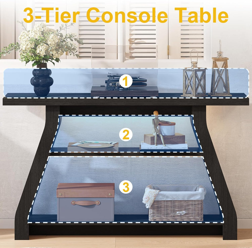 55-Inch Black Entryway Table, Modern Console Tables 3-Tier Couch Table Behind...
