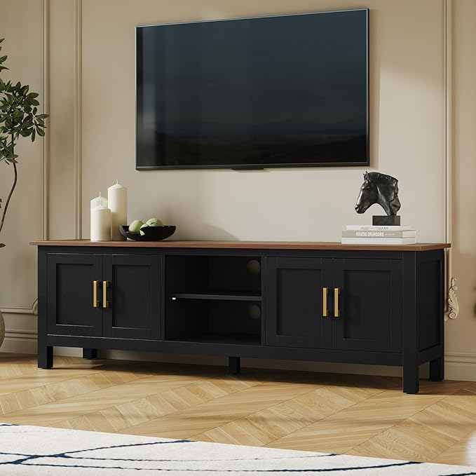 ARTPOWER 63 Inch TV Stand for Living Room TVs up to 75", Farmhouse Entertainment Center with Storage, Black TV Console with Cabinet, Under TV Cabinet for Bedroom