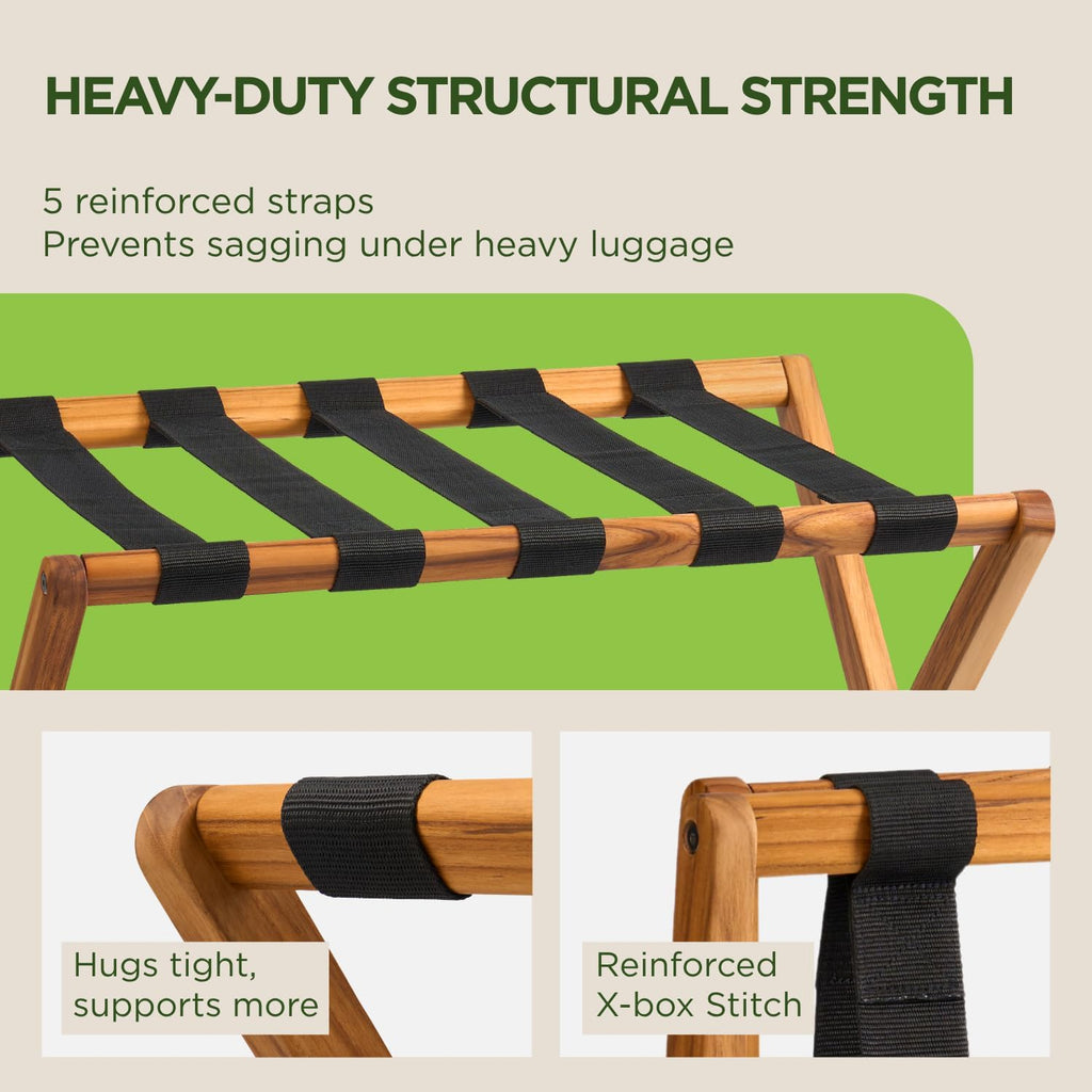 Set of 2 Premium Solid Teak Wood Luggage Racks with Shelf, 25" Foldable Suitcase Stands for Hotel, Airbnb & Resort | Heavy-Duty Hardwood Build, Holds 176 lbs Each, Reinforced Woven Straps