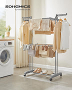 SONGMICS Clothes Drying Rack 3-Tier, Foldable Laundry Drying Rack 58.3-Inch Tall, Stainless Steel, Rolling Clothes Horses, Clothes Airer, Indoor Outdoor Use, Dove Gray ULLR702G01