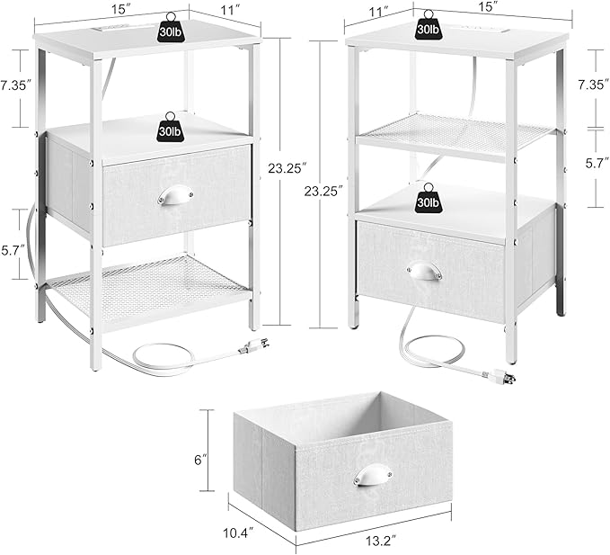 Sthmec Nightstands Set of 2, LED Bedside Tables with Charging Station and Fab...