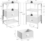 Sthmec Nightstands Set of 2, LED Bedside Tables with Charging Station and Fabric Drawer, Night Stand with Storage, 3 Tier Side Table with Open Shelf, LED Nightstand with Charging Station, White