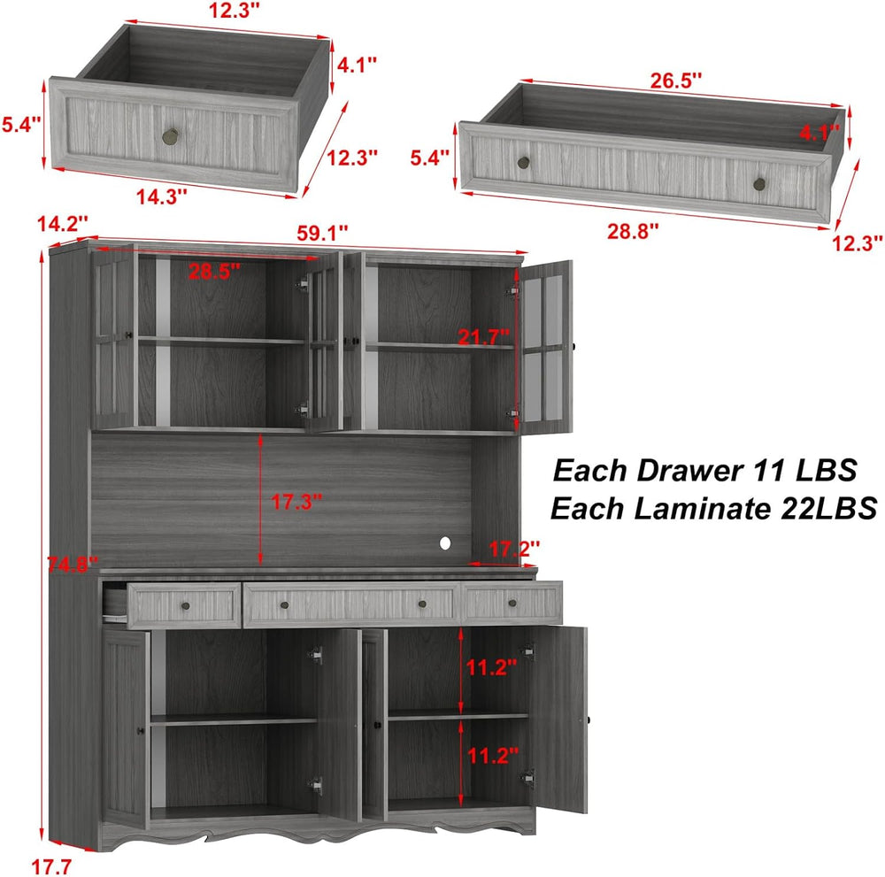 Kitchen Pantry Cabinet with Glass Doors and 3 Drawers, Tall Freestanding Stor...
