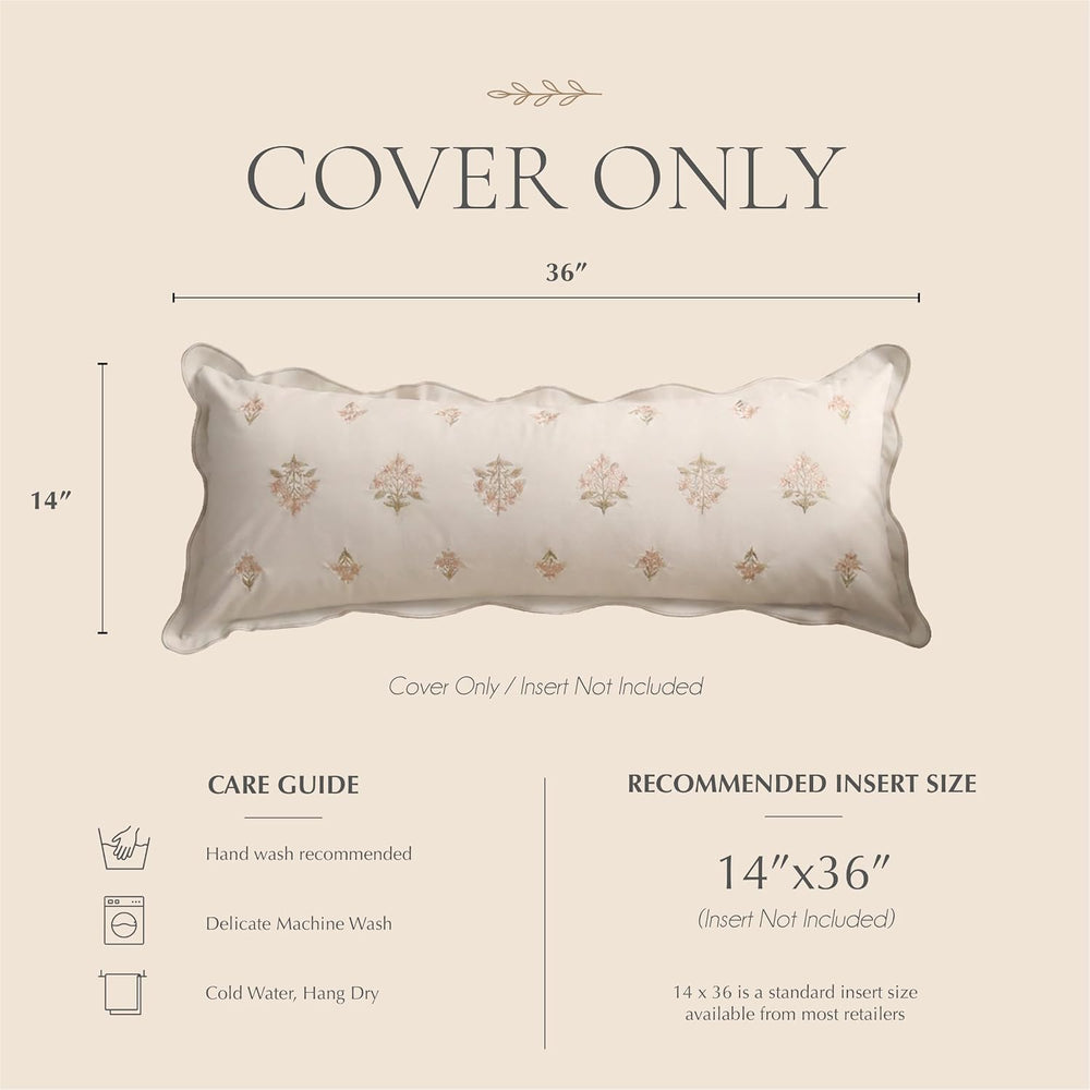 BlissBlush Long Lumbar Pillow Cover 14x36 for Bed, Cream White Velvet Decorat...