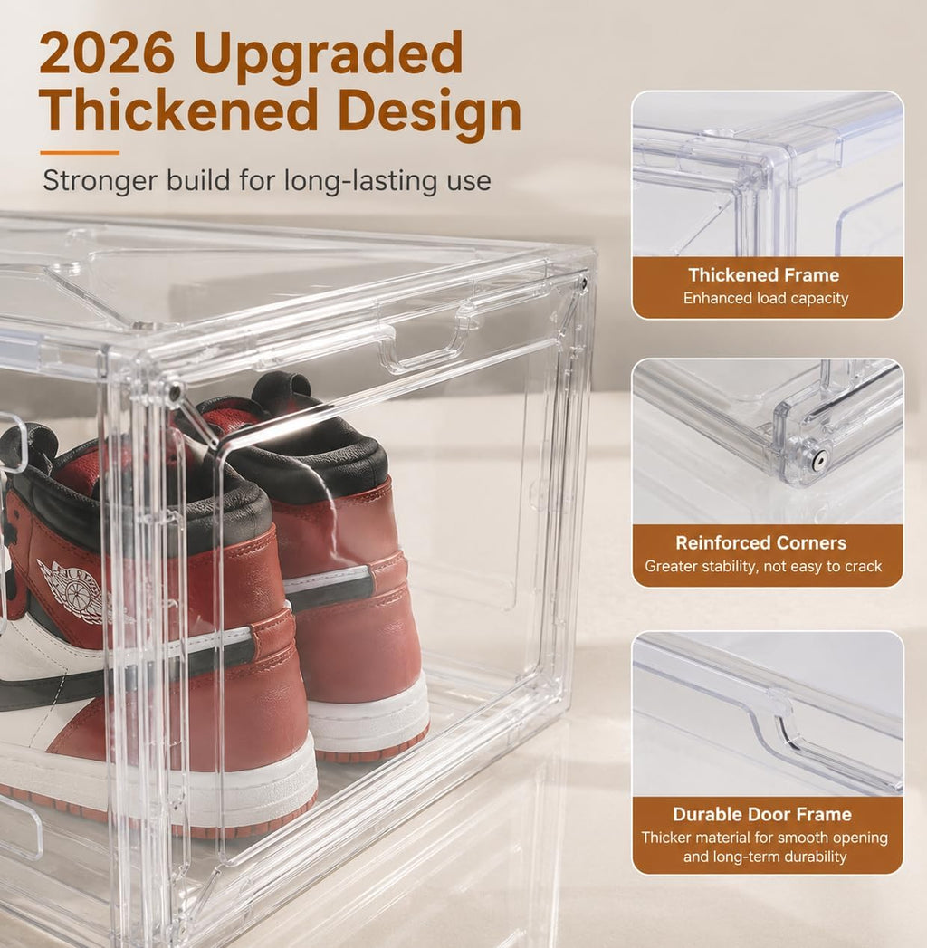 Clear Shoe Storage Box, 2026 2nd Gen Thickened Hard Plastic Stackable Organizer with Magnetic Door, Folding Shoe Rack for Closet, Large Sneaker Display Case for Sneakers and Ankle Boots,1 Pack