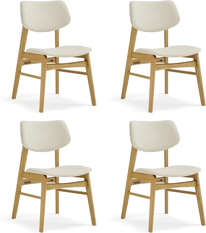 Wooden Dining Chairs Set of 4, Upholstered Modern Dining Room Chairs, Solid Oak Wood Kitchen Chairs with Soft Cushion Backrest for Farmhouse, Restaurant, Café (Cream Fabric & Original Color)