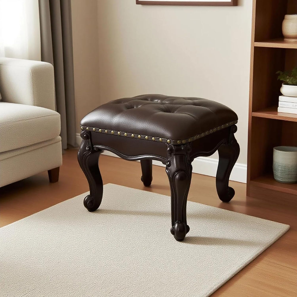 Leather Foot Stool,Vintage Footstools,Wooden Footrest,Upholstered Foot Rest f...