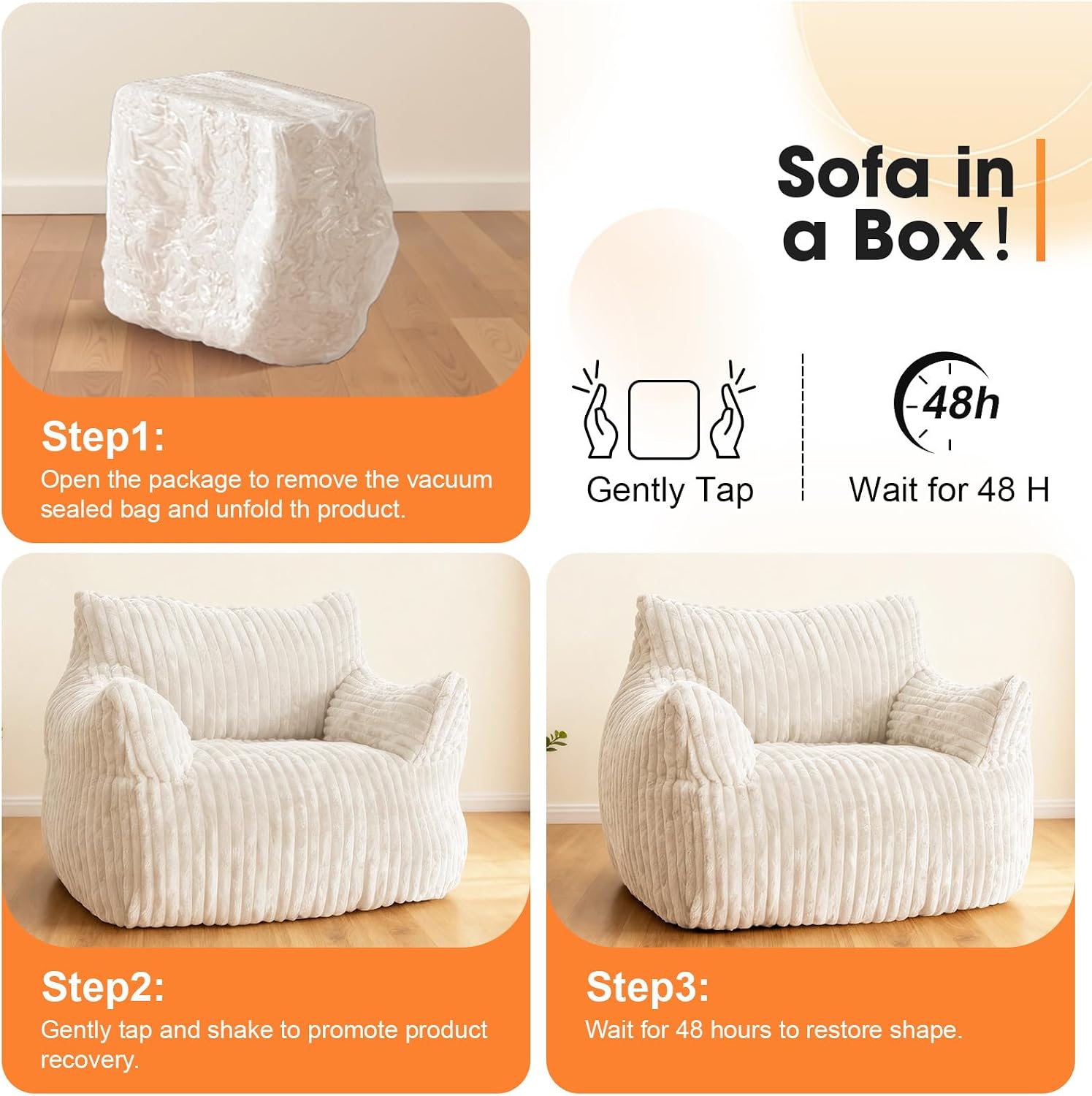 Giant Bean Bag Chair for Adults, Oversized Memory Foam Bean Bag Sofa with Armrests, Large Comfy Fluffy Single Lounges Mini Couch for Living Room, Bedroom & Dorm Beige
