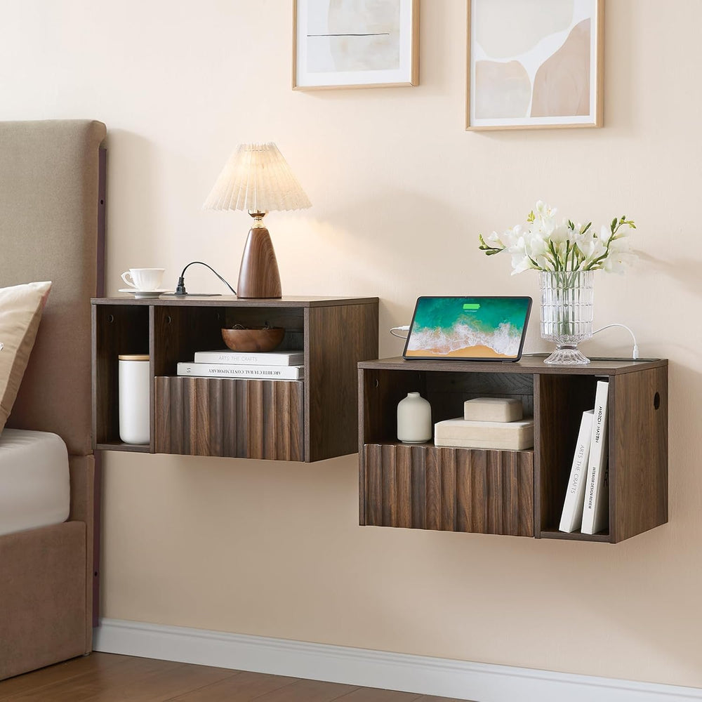 BuildHom Floating Nightstand Set of 2 with Charging Station, Walnut | Wall Mo...