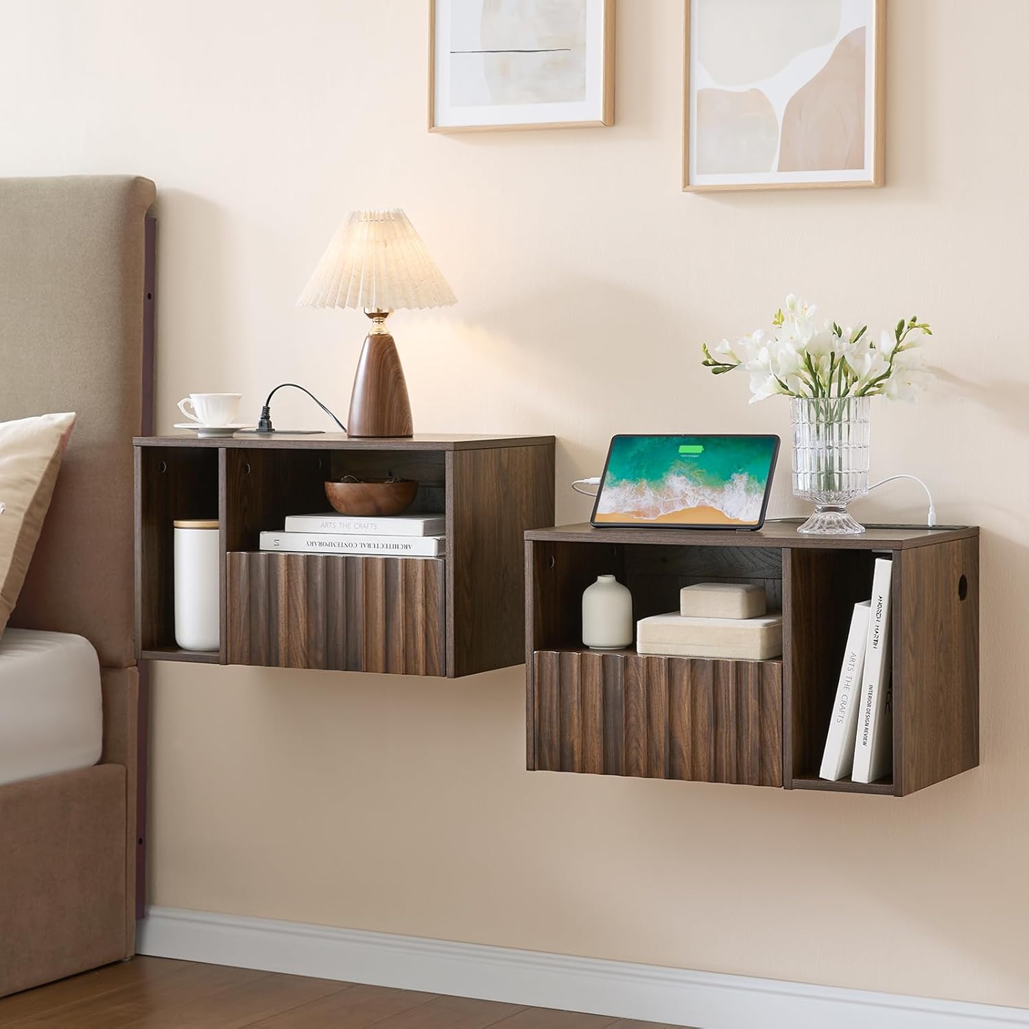 Floating Nightstand with Charging Station, Walnut Fluted Wall Mounted NightStand with Drawers, Bedside with USB Ports and Outlets, Bedroom Furniture (Set of 2)