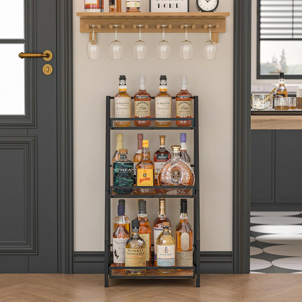3-Tier Liquor Stand for Home Bar, Stepped Wine Rack Freestanding Floor for Liquor Whiskey Wine, Versatile Corner Wine Bottle Display Stand with Fences, Vintage Brown, Safe Height for Kids & Pets
