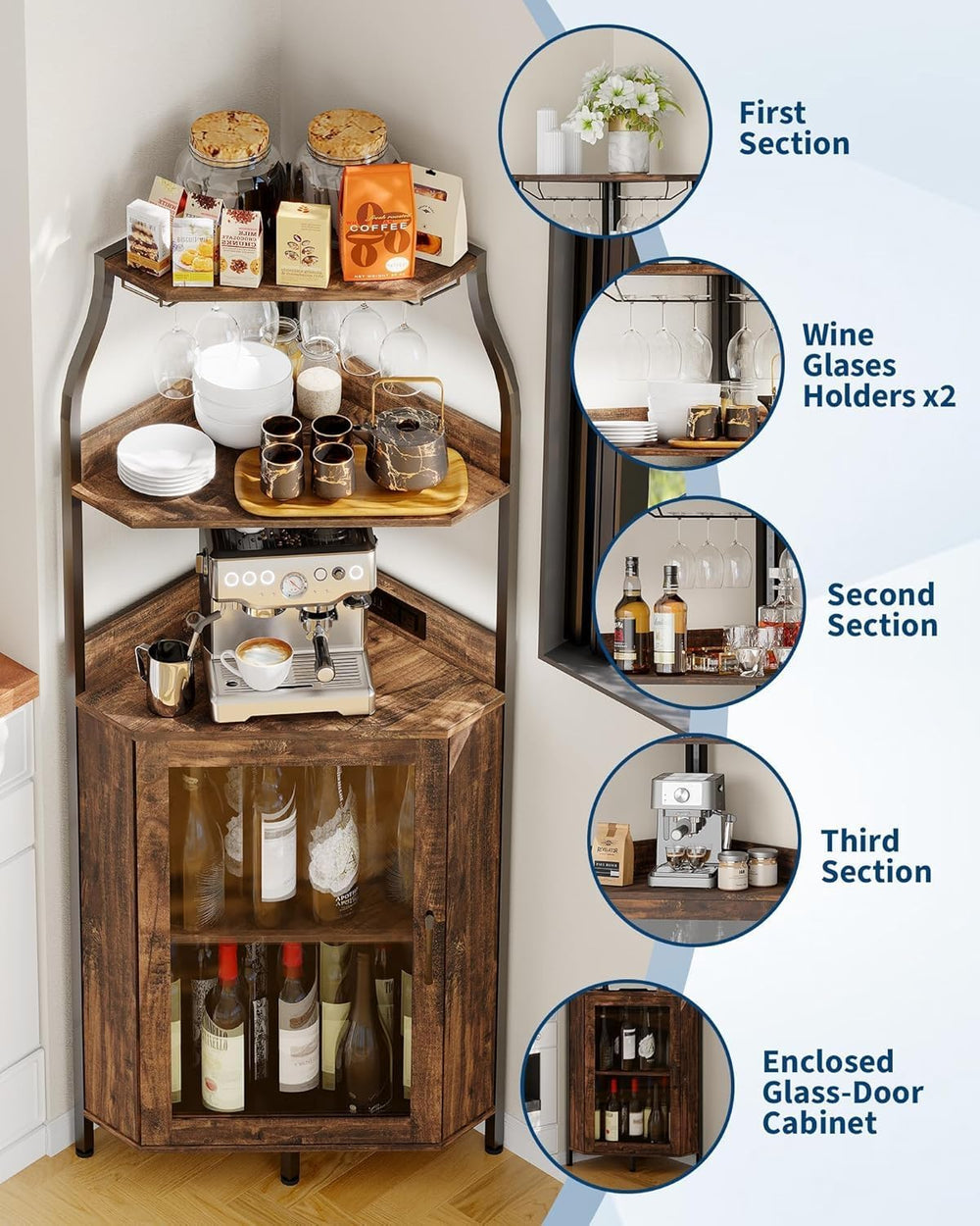 Garvee 68-Inch Corner Bar Cabinet with LED Lights and Outlet, Freestanding Wi...