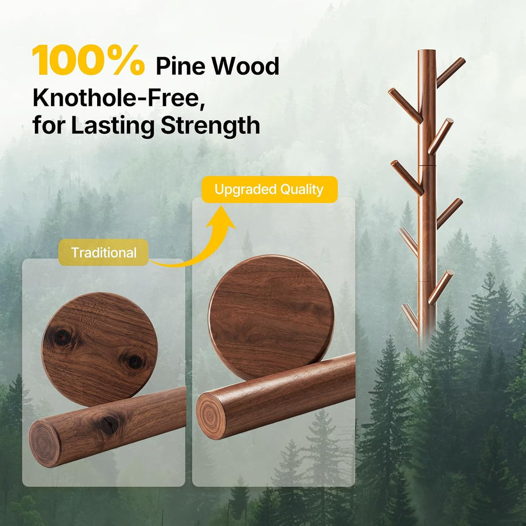 AMADA Solid Wooden Coat Rack Freestanding with 8 Hooks, Walnut | 100% solid wood, 3 height options, widened base for stability, tool-free assembly, smooth rods & hooks prevent clothing snags