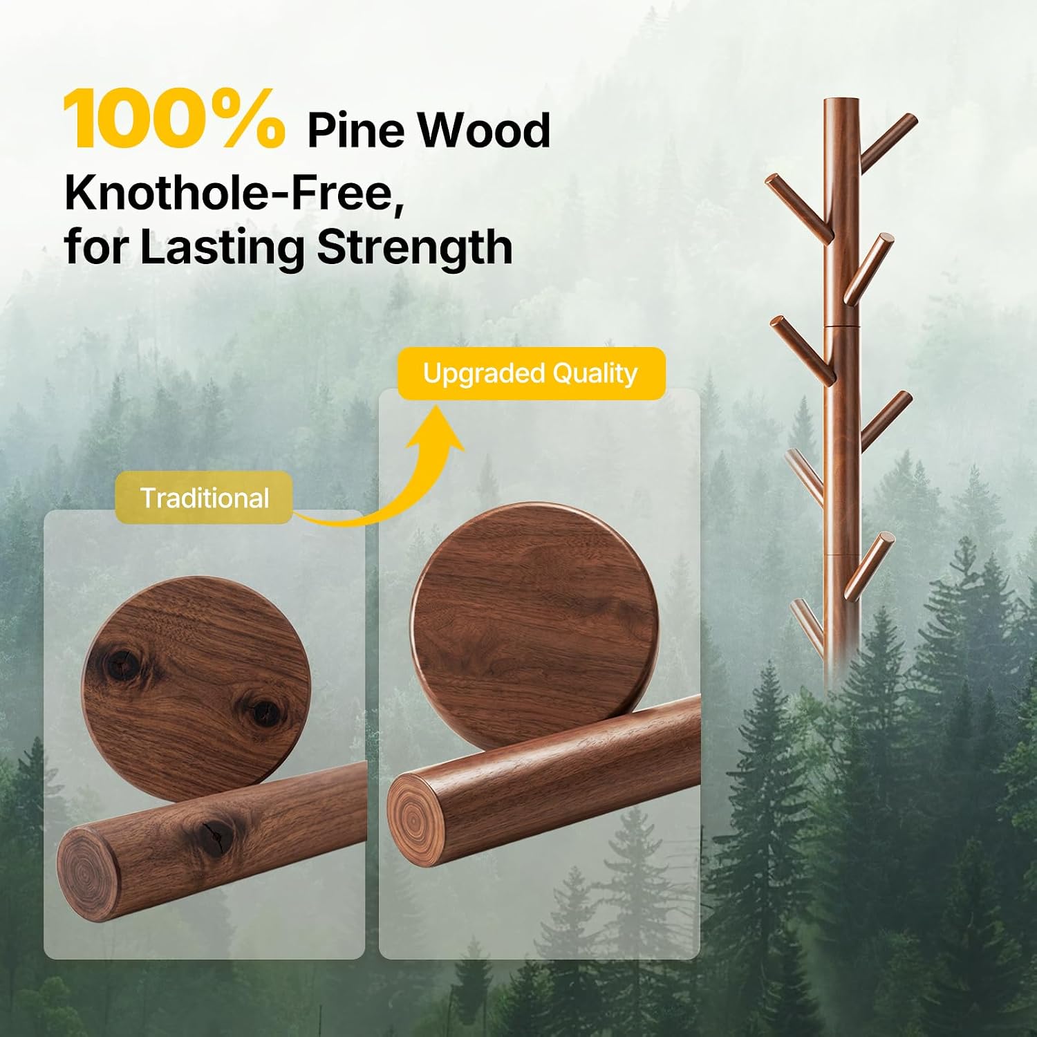 AMADA Solid Wooden Coat Rack Freestanding with 8 Hooks, Walnut | 100% solid wood, 3 height options, widened base for stability, tool-free assembly, smooth rods & hooks prevent clothing snags