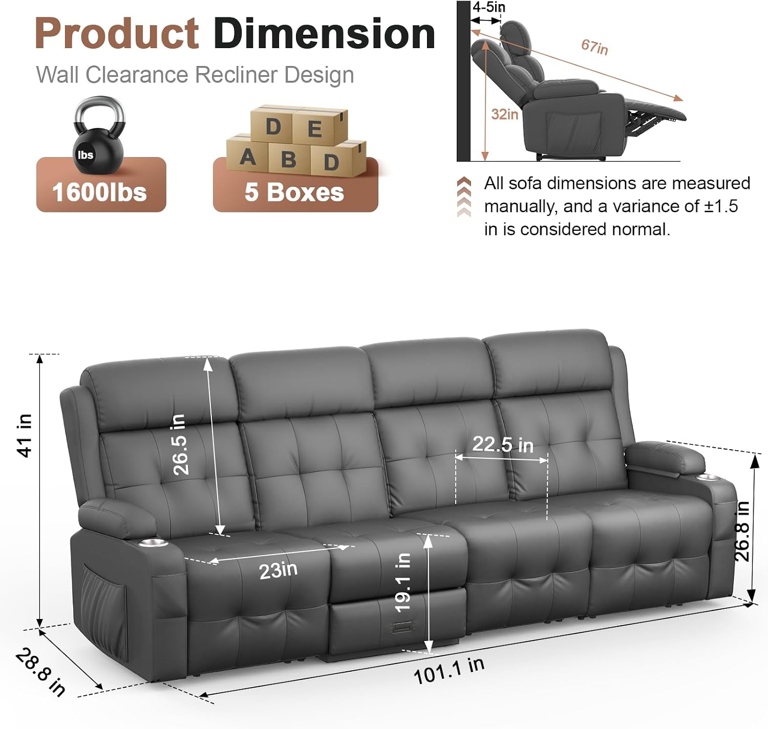 Recliner Sofa, Massage Flip Back Reclining Sofa 4 Seater Sets Heavy Weight Capacity, RV Loveseat Clearance, Recliner Couch with Storage, Cup Holders, Wall Hugger Couches for Living Room