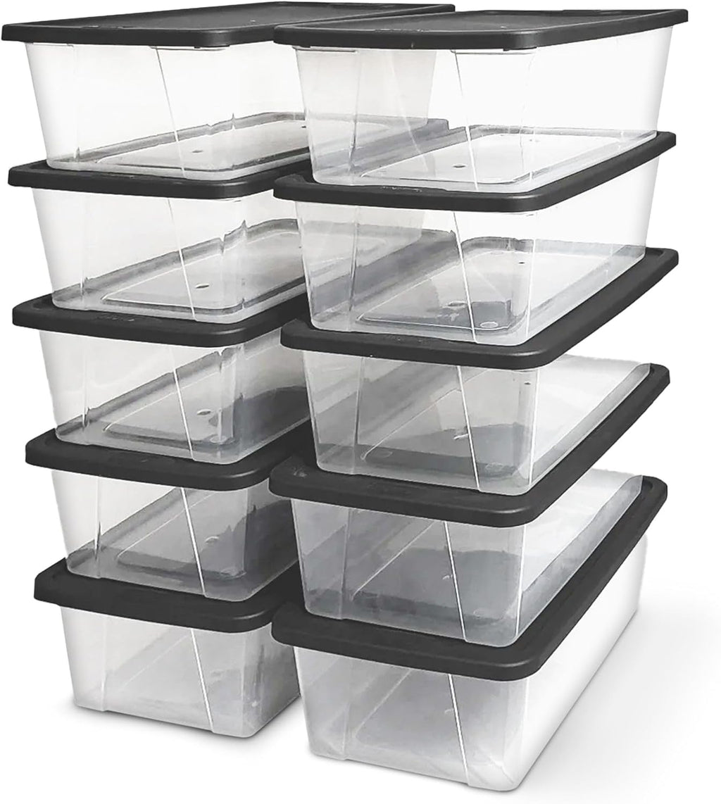 HOMZ 10-Pack Snaplock, Small Clear Plastic Storage Organizer Bins w/Lids, 6 Quart, Gray - Stackable Container Boxes for Bedroom, Bathroom, Garage, and Office Organization