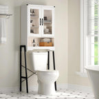 Over The Toilet Storage Cabinet with Tempered Glass Doors & Metal Stand, Over Toilet Organizer with Adjustable Shelf Space Saver Over Toilet , Tall Freestanding Shelf/Rack for Bathroom, Modern, White