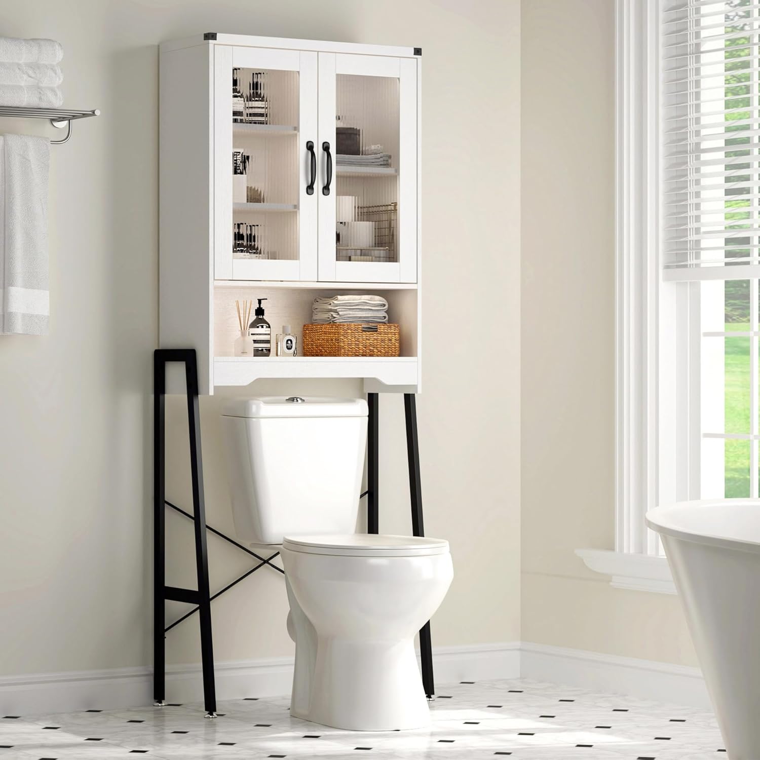 Over The Toilet Storage Cabinet with Tempered Glass Doors & Metal Stand, Over Toilet Organizer with Adjustable Shelf Space Saver Over Toilet , Tall Freestanding Shelf/Rack for Bathroom, Modern, White
