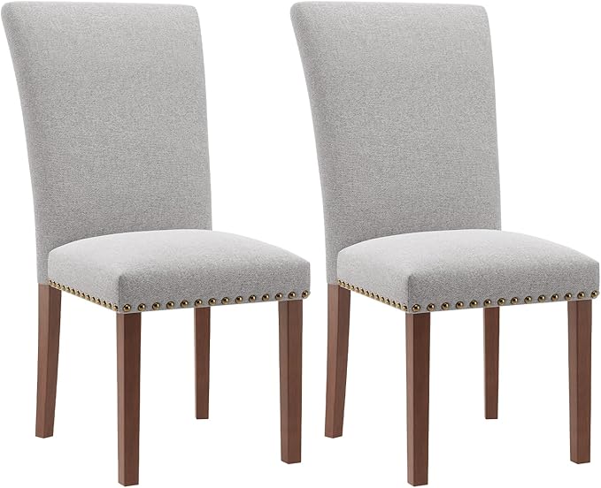 Stylish Dining Chairs Set of 2, Upholstered Parsons Dining Room Chair with Nailhead Trim, Kitchen Room Chair with Thick Cushions and Wood Legs, Nailhead Trim, Light Grey