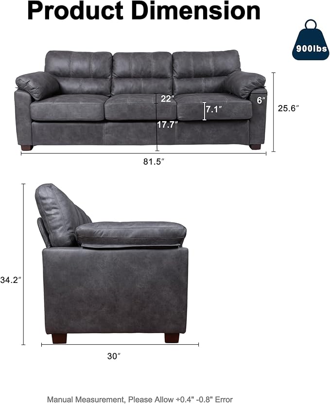 80 Inch Dark Grey Faux Leather Sofa Couch - Wide Armrests with 2 Pillows, Deep Seats, Contrast Stitching, 3 Seater Leather Couches for Living Room, Bedroom, Apartment