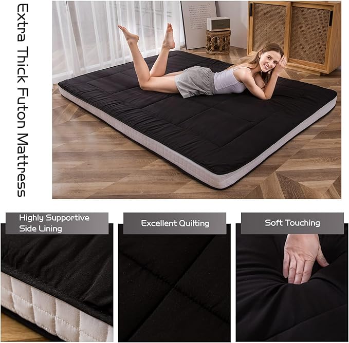 MAXYOYO Cot Mattress Floor Futon Mattress, Narrow Twin Futon Single Bed for Adults, Foldable Roll Up Bed for Kids, Black
