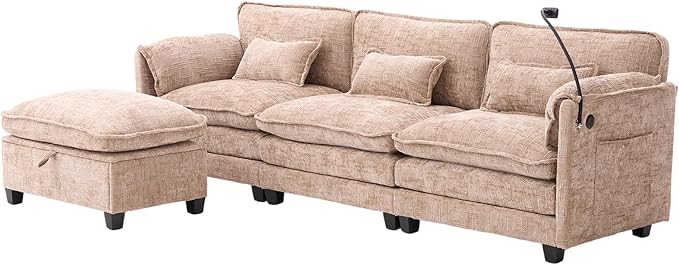 Ball & Cast Modular Sectional Sofa,L Shaped Couch with Movable Storage Ottoman,Chenille Upholstered Sofa W/USB Charging Port,Phone Holder and Side Pocket,for Living Room,Apartment,Khaki,109"