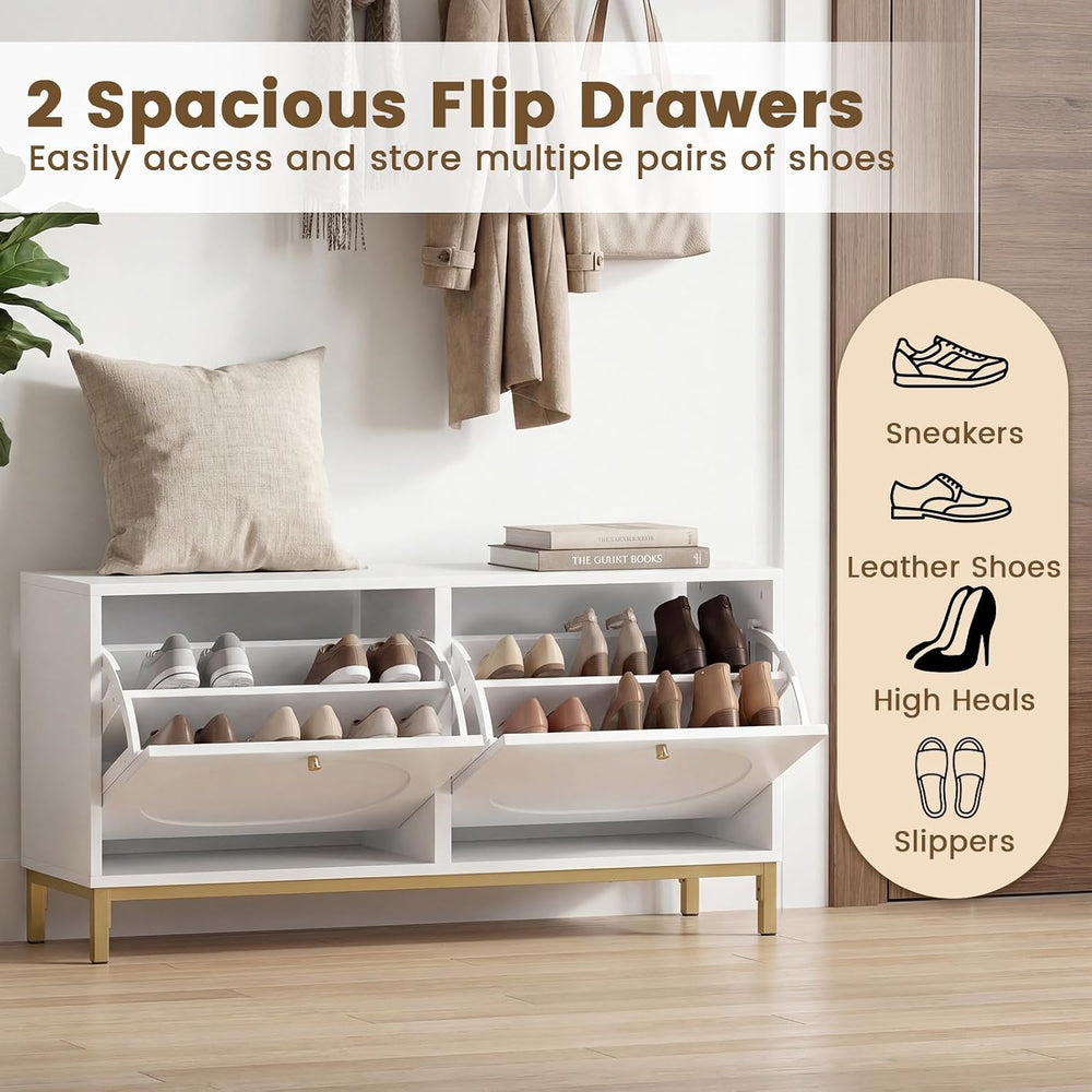 GOFLAME Shoe Storage Bench, Narrow Entryway Bench with 2 Flip Drawers, Adjust...