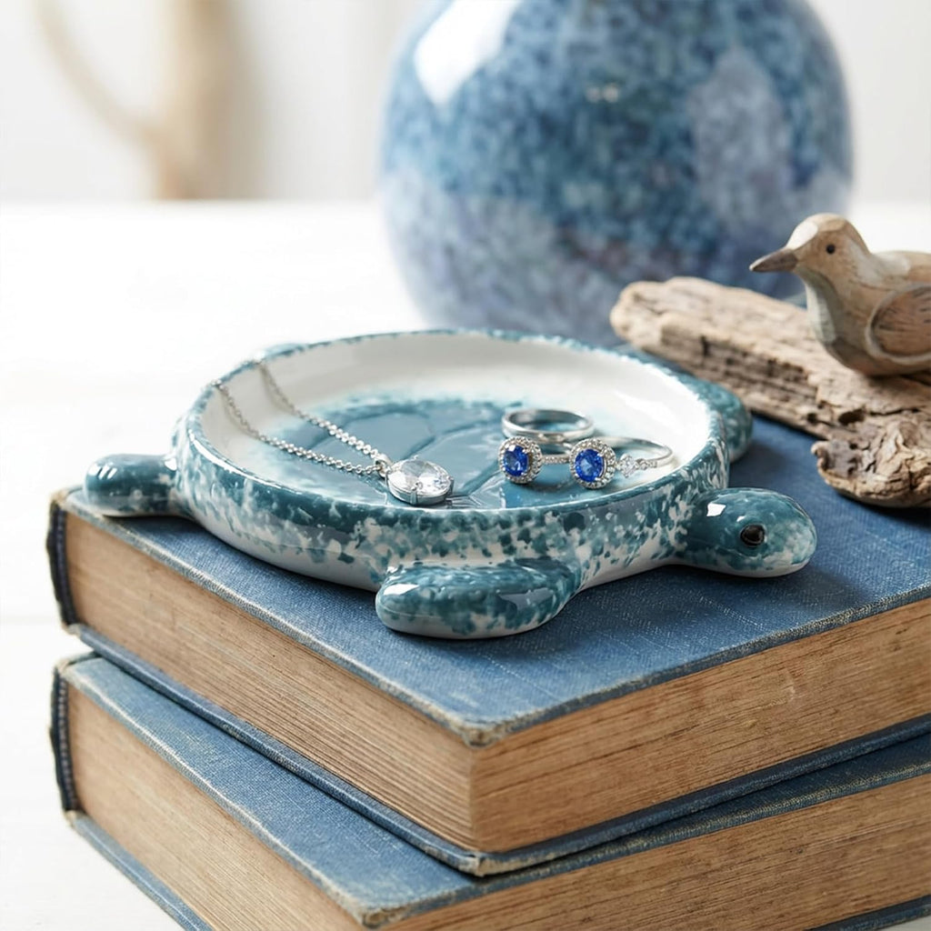 Potiera Sea Turtle Jewelry Tray, Handmade Ceramic Decorative Blue Ring Holder Trinket Dish for Earrings Necklace Key, Christmas Birthday Sea Turtle Gifts for Girls Women Mom, Coastal Ocean Beach Decor