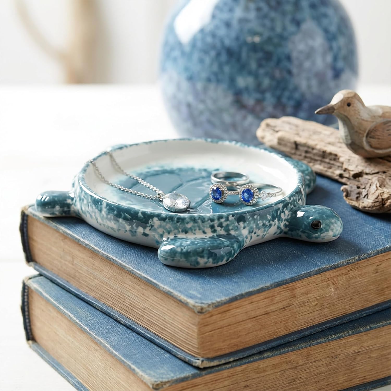 Potiera Sea Turtle Jewelry Tray, Handmade Ceramic Decorative Blue Ring Holder Trinket Dish for Earrings Necklace Key, Christmas Birthday Sea Turtle Gifts for Girls Women Mom, Coastal Ocean Beach Decor