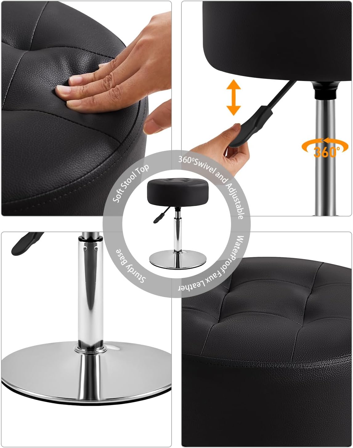 IBUYKE Height Adjustable 360°Swivel Vanity Stool Chair, Black WBD025B | Tufted Round Makeup Room Faux Leather Bathroom Living Room Modern Ottoman