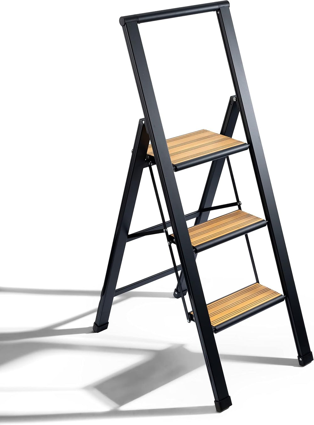 Step Ladder 3 Step Folding, Decorative - Beautiful Bamboo & Black Aluminu...