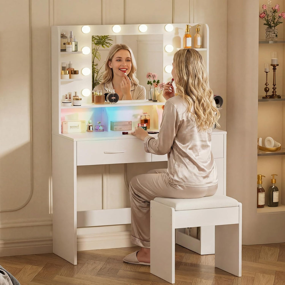 COMHOMA Vanity Desk with Mirror and Light, Small Makeup Vanity with Storage D...
