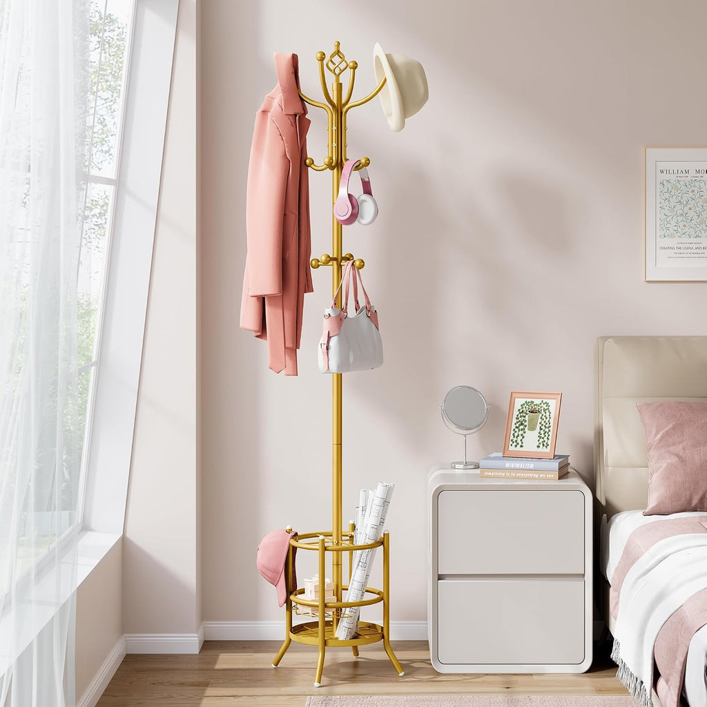 Tajsoon Coat Tree with Umbrella Holder, Coat Rack Freestanding, Coat Hangers Stand with 16 Hooks, Standing Coat Rack for Living Room, Bedroom, Office, Gold
