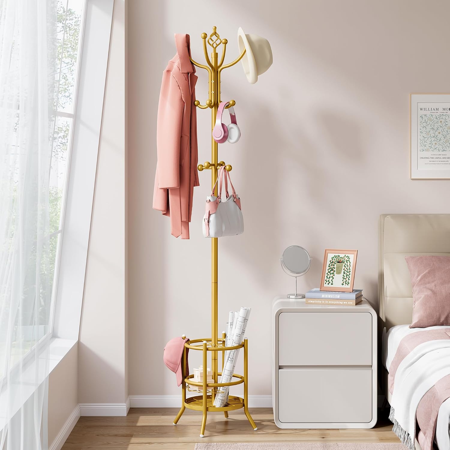 Tajsoon Coat Tree with Umbrella Holder, Coat Rack Freestanding, Coat Hangers Stand with 16 Hooks, Standing Coat Rack for Living Room, Bedroom, Office, Gold