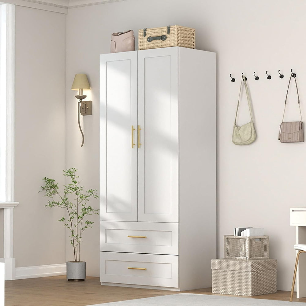 White Wardrobe with 2 Doors: 75" Tall Armoire Wardrobe Closet with 2 Dra...