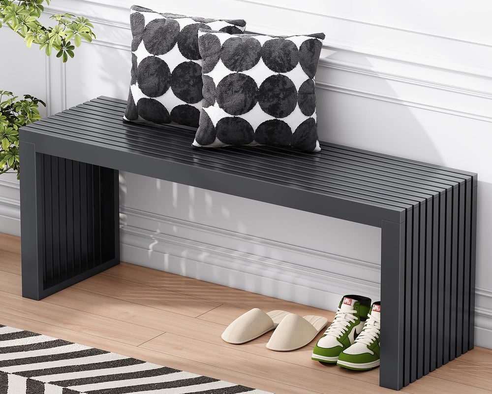 Bamboo Dining Bench, 35'' Slatted Design Entryway Bench, Black | Mode...