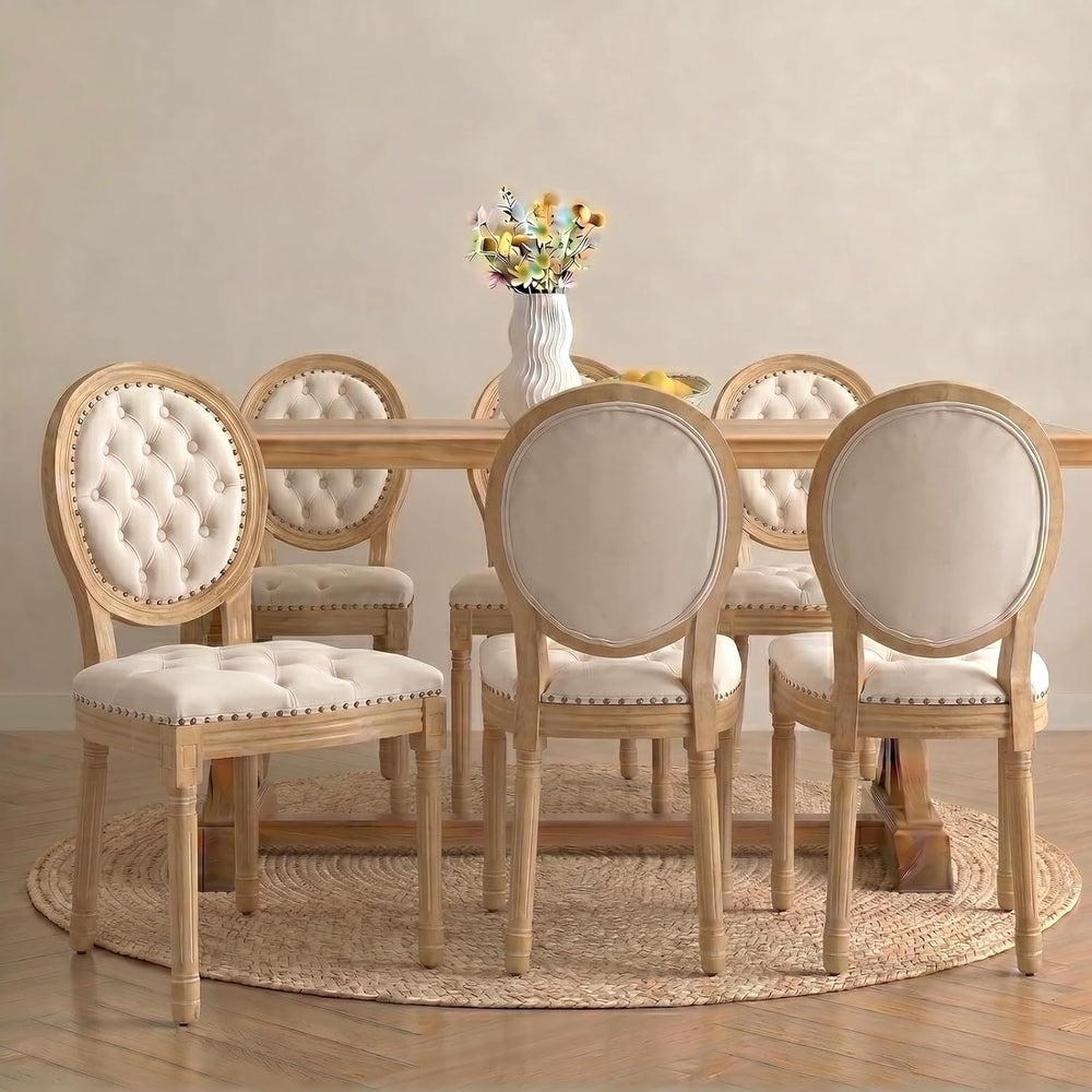 Vintage French Country Dining Chairs Set of 6, Velvet Dining Chair with Solid...