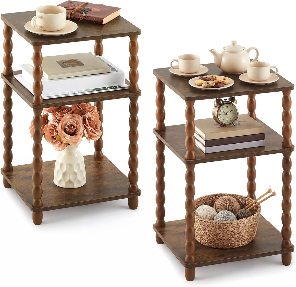 Set of 2 Side Tables 3-Tier Small End Table with Storage Shelf, Modern Bedsid...