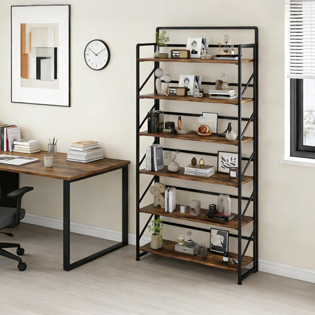 JSB Folding Bookshelf,Industrial Storage Shelves, No Assembly Vintage Wood Look Bookshelf with Storage Shelves for Living Room, Bedroom, Office (Fire Brown, Wide 6-Tier)